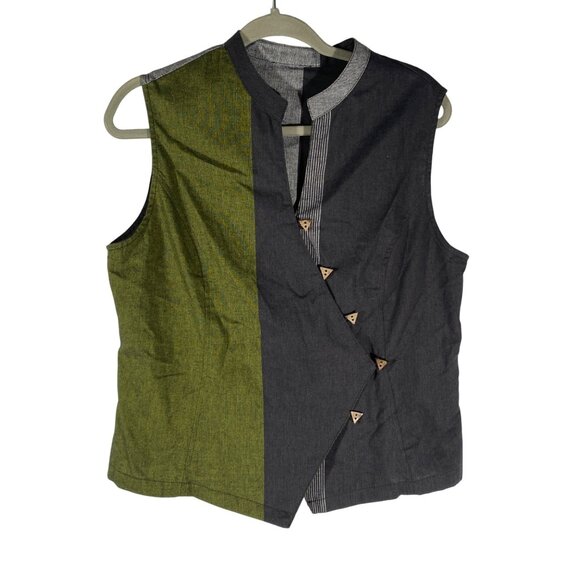 Losbanditos olive gray color blocked Sleeveless Vest top Asymmetrical Button Clo - Picture 1 of 8